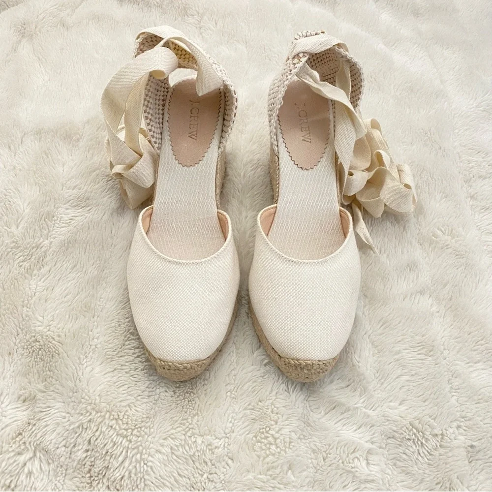 J. Crew Cream Round Toe Canvas Espadrille Wedges Size 9.5 Made in Spain